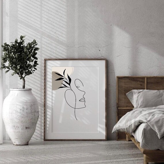Minimalist Woman Line Drawing Face Boho Bedroom Decor Art Print