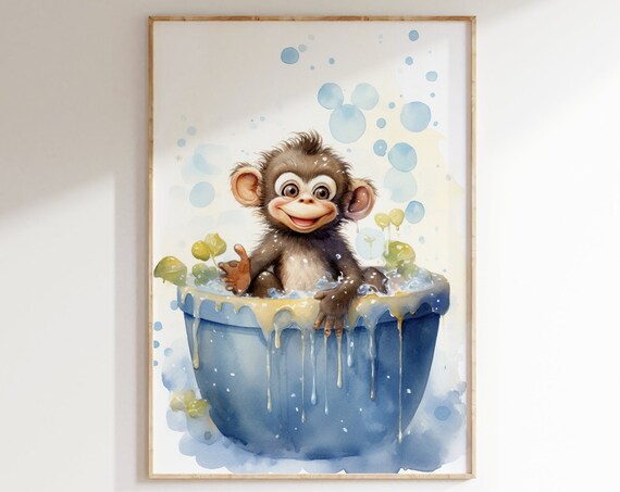 Cute Baby Monkey Bubble Bath Blue Tub Watercolor Kids Art Poster