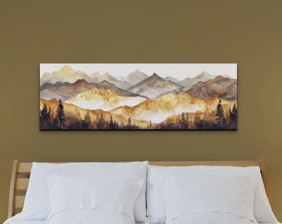 Panoramic Golden Mountain Landscape Ready To Hang Wall Art Print Mountain Art Golden Mountain Art Panoramic Wall Art