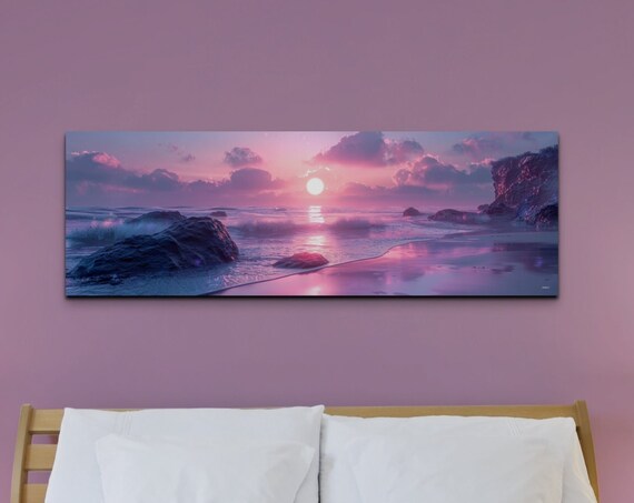 Pink Sunset Over Rocky Beach Purple Ocean Waves Panorama Wall Art