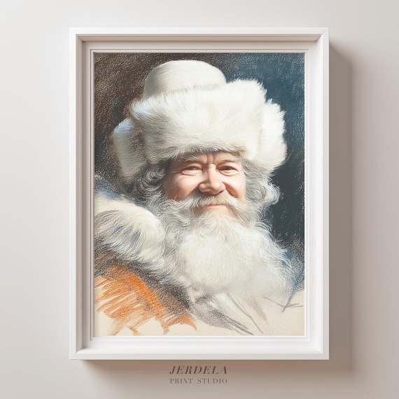 Ded Moroz Father Frost Portrait Vintage Pastel Print Slavic Winter Art Decor