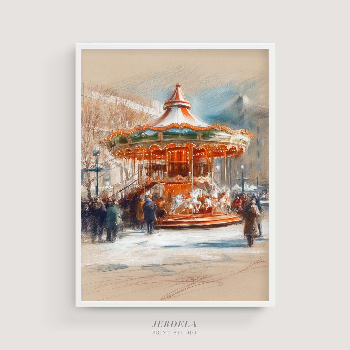 Christmas Carousel Winter City Square Pastel Sketch Holiday Print