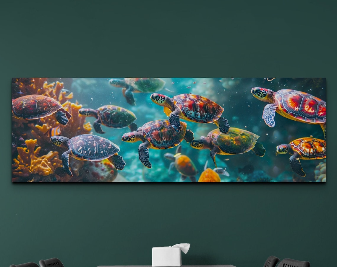 Sea Turtles Swimming Coral Reef Panoramic Underwater Scene Poster