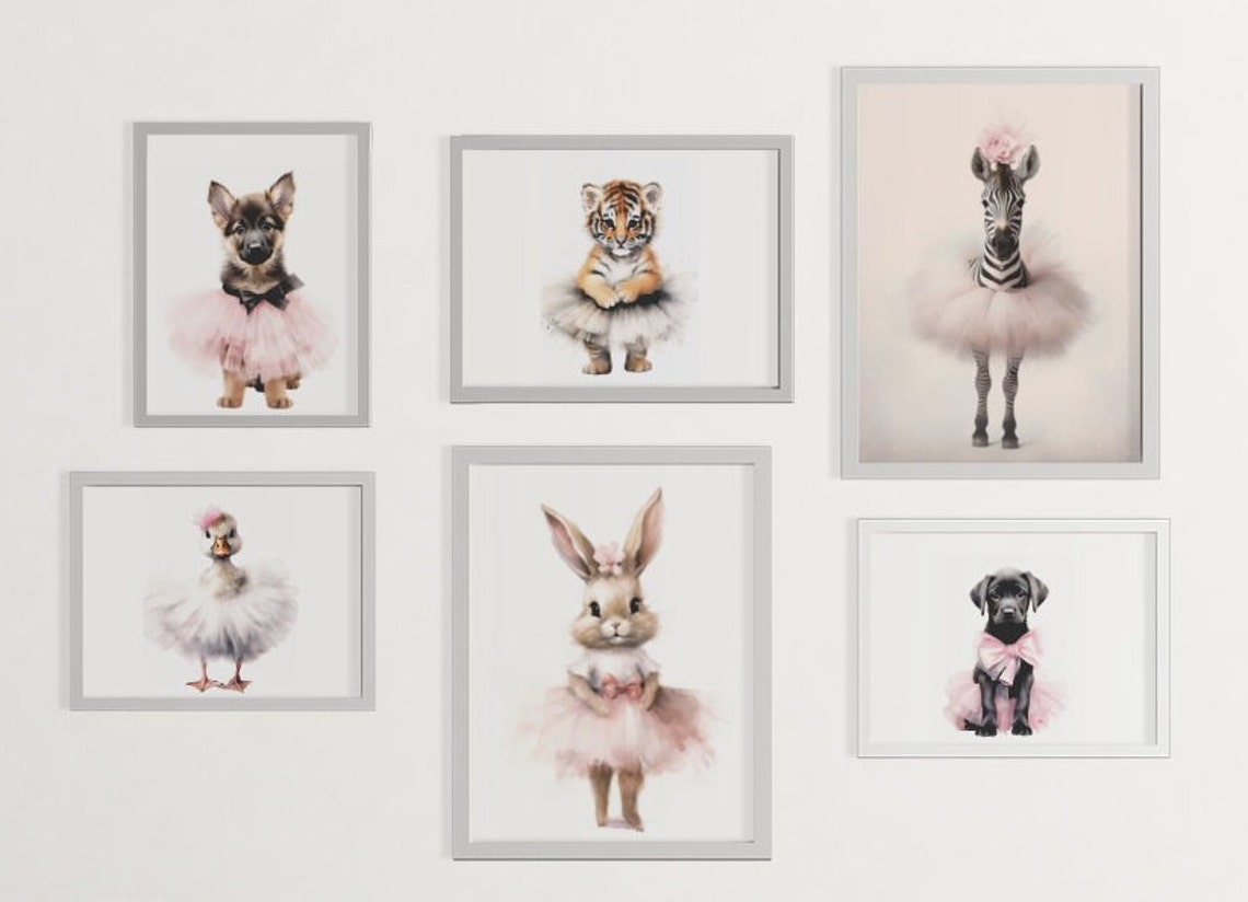 Set of Six Ballerina Animal Tutu Prints Gallery Wall Set Poster