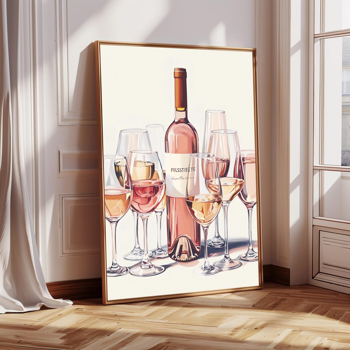 Rose Wine Bottle Glasses Watercolor Chic Bar Kitchen Art Print