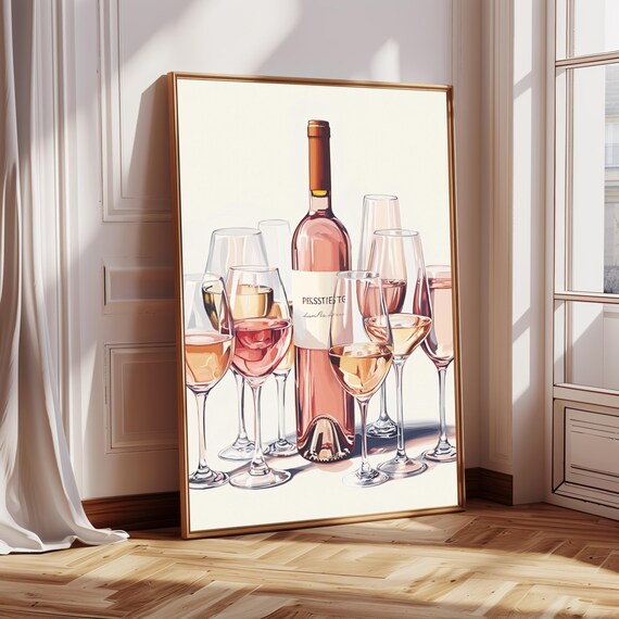 Rose Wine Bottle Glasses Watercolor Chic Bar Kitchen Art Print