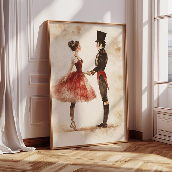Nutcracker Soldier And Ballerina Watercolor Whimsical Christmas Wall Art