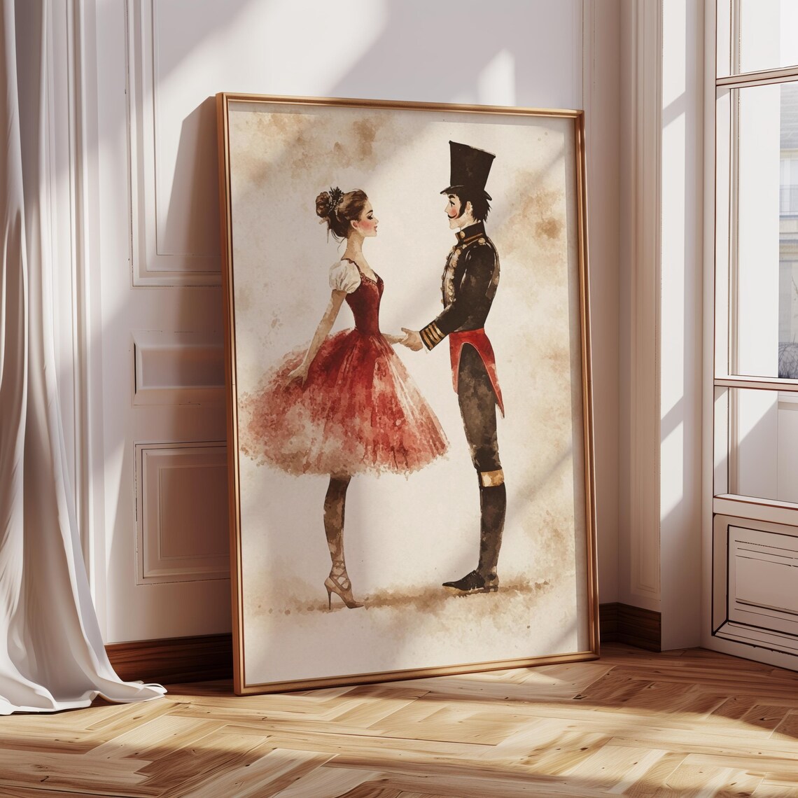 Nutcracker Soldier And Ballerina Watercolor Whimsical Christmas Wall Art