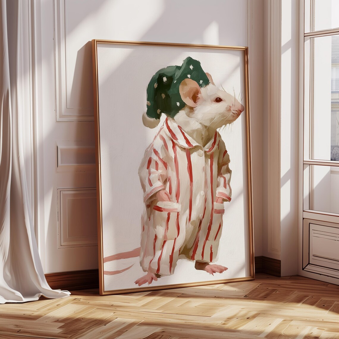 Christmas Mouse in Pajamas and Nightcap Cute Holiday Nursery Art Poster