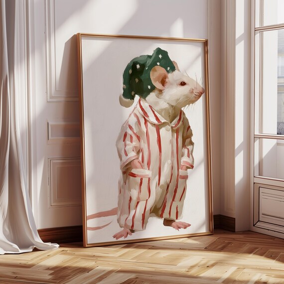 Christmas Mouse in Pajamas and Nightcap Cute Holiday Nursery Art Poster