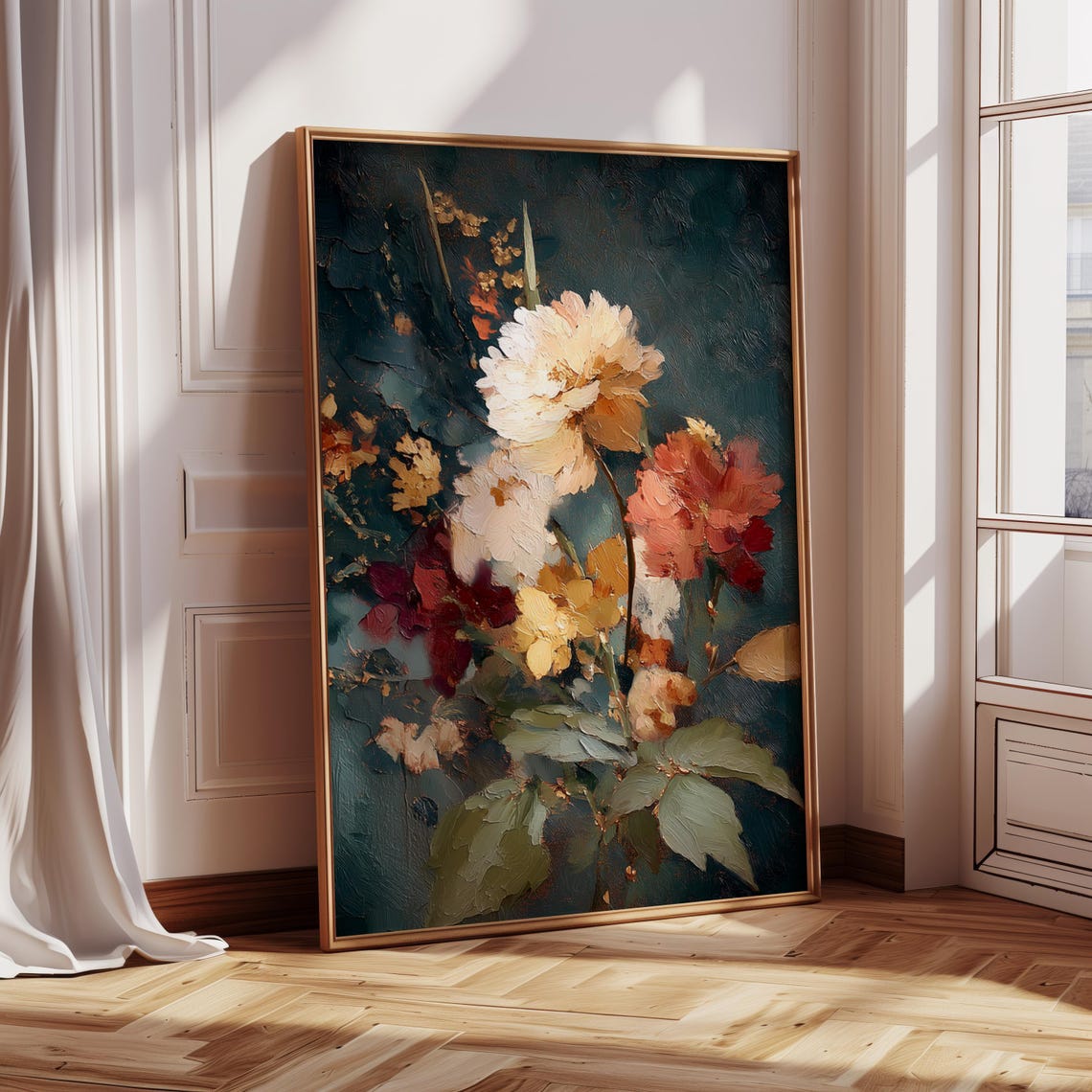 Vintage Fall Floral Print Dark Autumn Flower Oil Painting