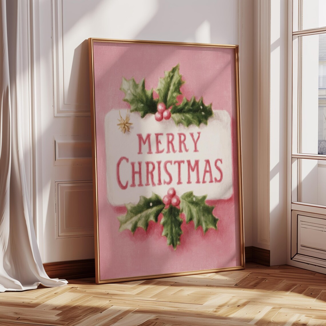 Merry Christmas Pink Vintage Sign With Holly Leaves And Berries Print