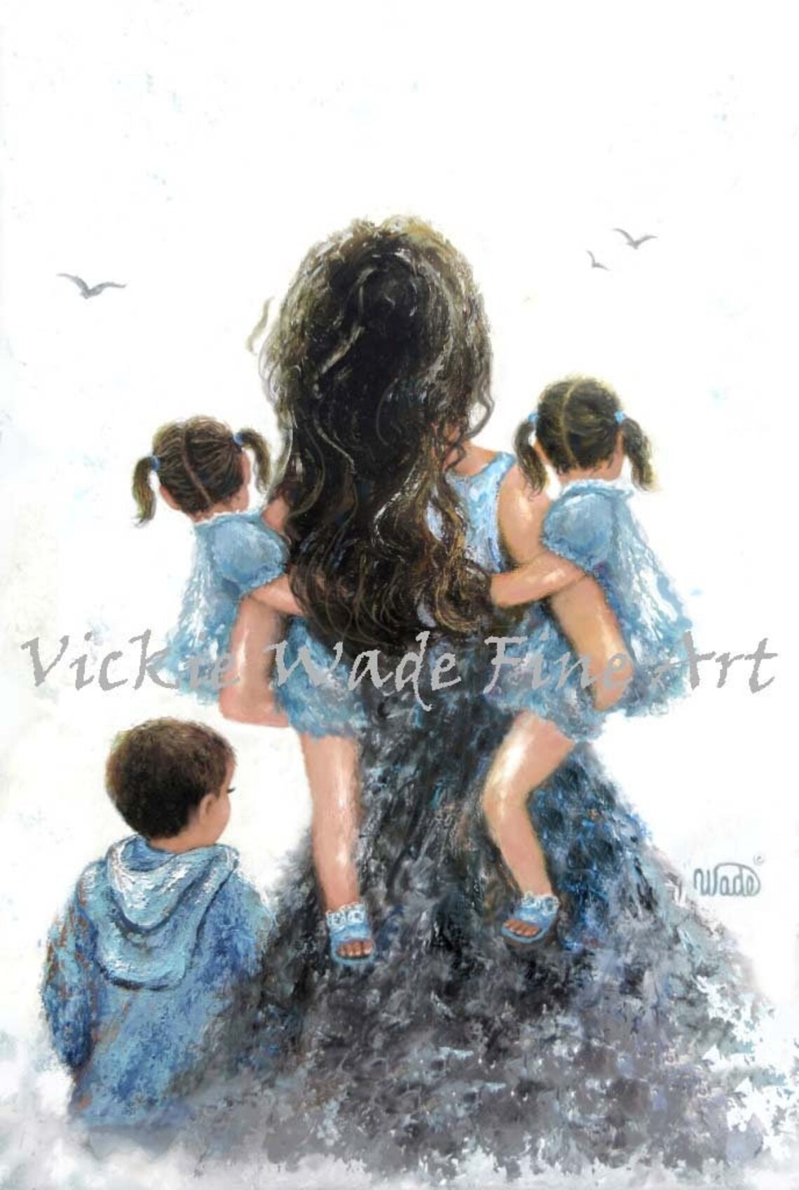 Mother Carrying Twin Daughters With Little Brother by Her Side Poster