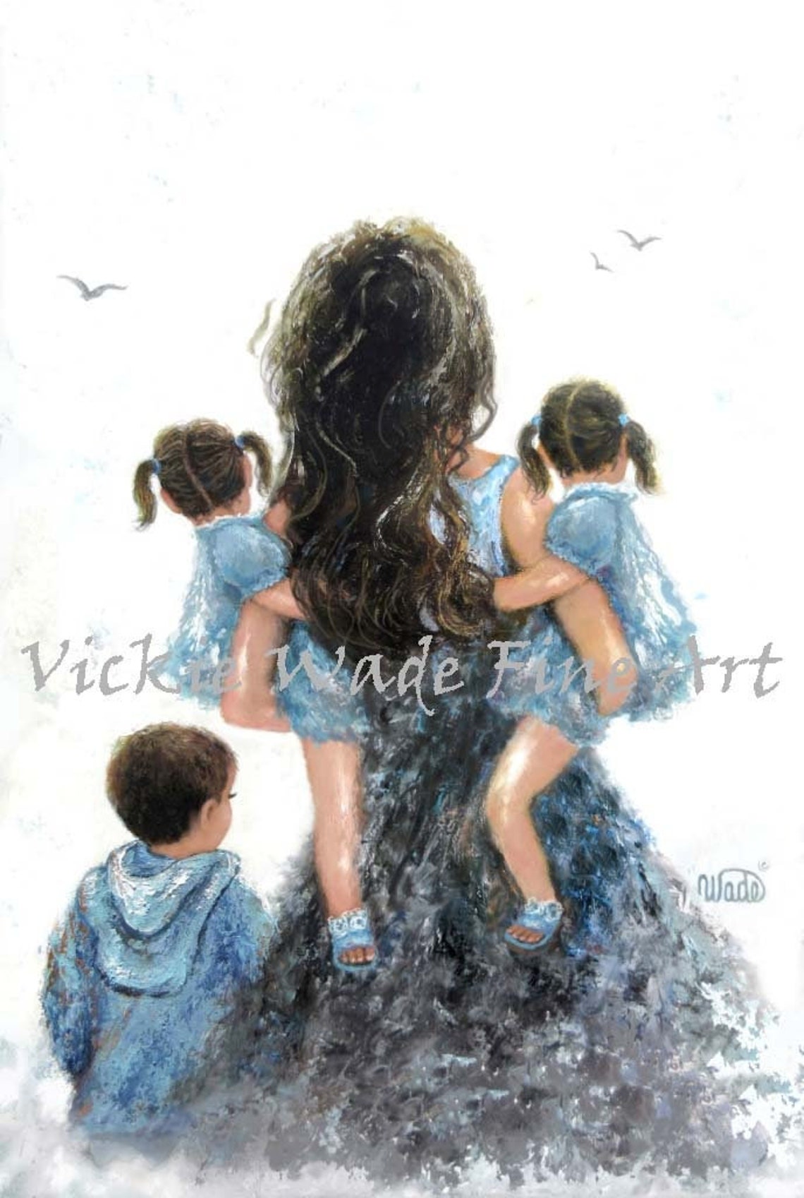 Mother Son Twin Daughters Art Print Twin Girls And Boy Twin Sisters And Brother Mommy Carrying Girls Three Children Vickie Wade Art