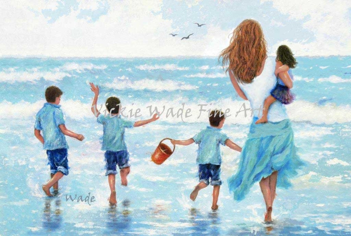 Mother with Four Children Splashing in the Ocean Surf Poster