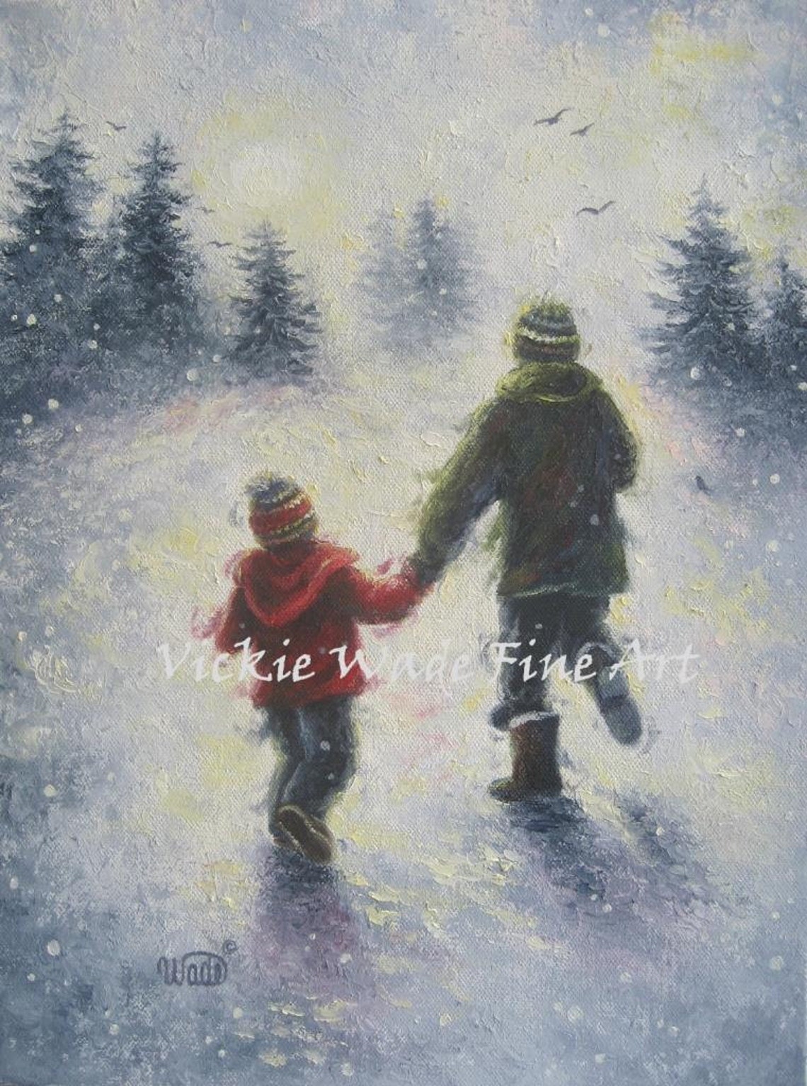 Two Young Brothers Holding Hands Walking Through Falling Snow Poster
