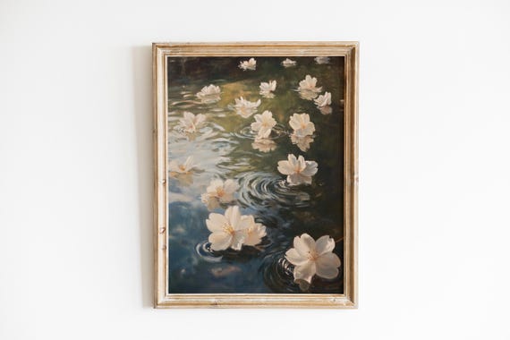 Serene Cherry Blossom On Water Art Romantic Springtime Painting Tranquil Nature Scene Moody Floral Wall Decor 691