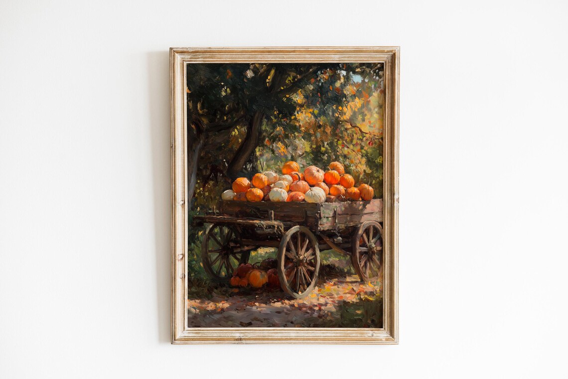 Rustic Farmhouse Harvest Cart Pumpkins Vintage Autumn Art Poster