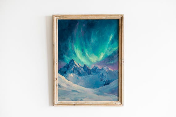 Moody Northern Lights Wall Art Dramatic Aurora Borealis Over Snowy Mountains Winter Landscape Night Sky Decor 886