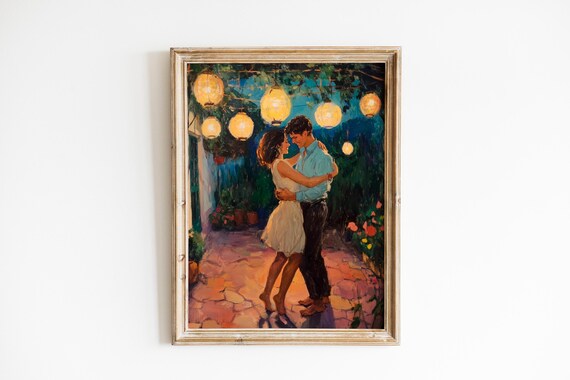 Vintage Dancing Couple Under String Lights Romantic Wall Art Moody Bohemian Painting Cozy Intimate Night Scene 1008