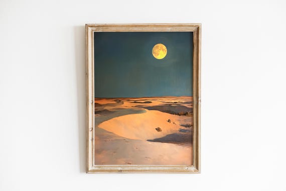 Moody Moonrise Over Desert Dunes Nightscape Serene Silver Illumination Quiet Landscape Scene Minimalist Wall Art 678
