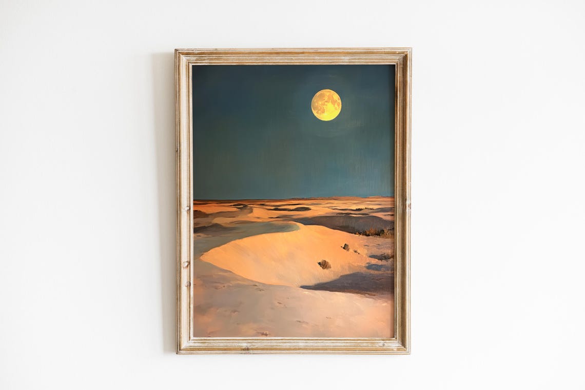 Golden Full Moon Rising Over Desert Dunes Serene Night Poster