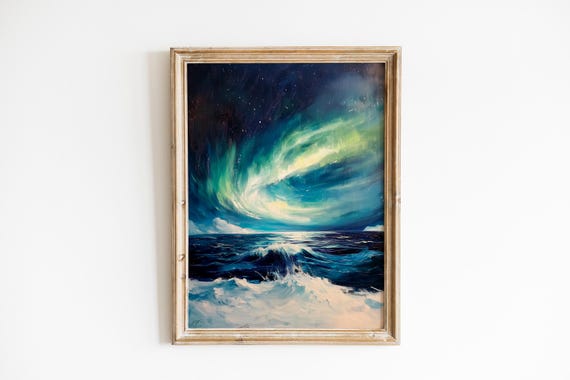 Moody Northern Lights Over Icy Sea Winter Wall Art Dramatic Coastal Scene Scandinavian Decor Instant 563