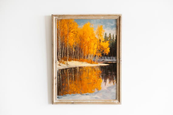 Golden Autumn Birch Trees Frozen Lake Reflection Fall Poster
