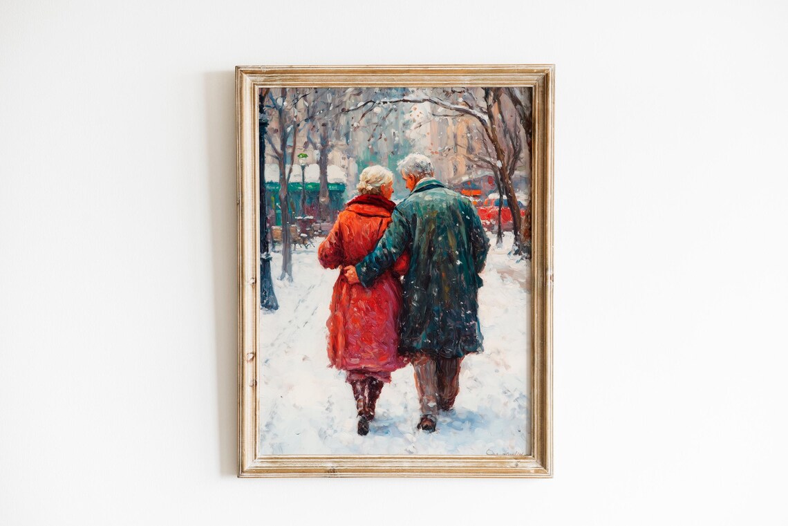 Elderly Couple Walking in Snow Romantic Winter Painting Poster