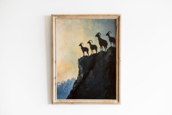 Moody Mountain Goats On Cliff Rustic Silhouette Art Dramatic Sunrise Landscape Print Farmhouse Nature Decor 712