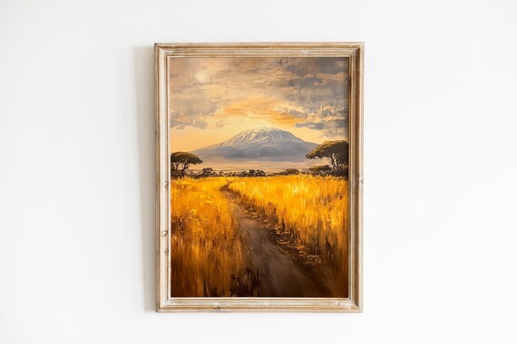 Mount Kilimanjaro African Savannah Painting Golden Sunset Grassland Poster