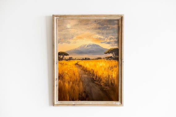 Rustic Kilimanjaro Landscape Art Moody African Savannah Painting With Warm Light Wall Decor Nature Scene 521