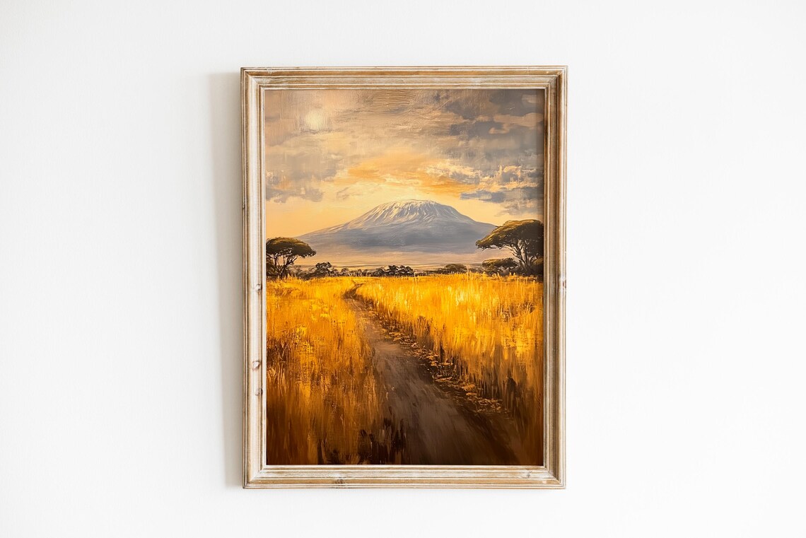 Mount Kilimanjaro African Savannah Painting Golden Sunset Grassland Poster