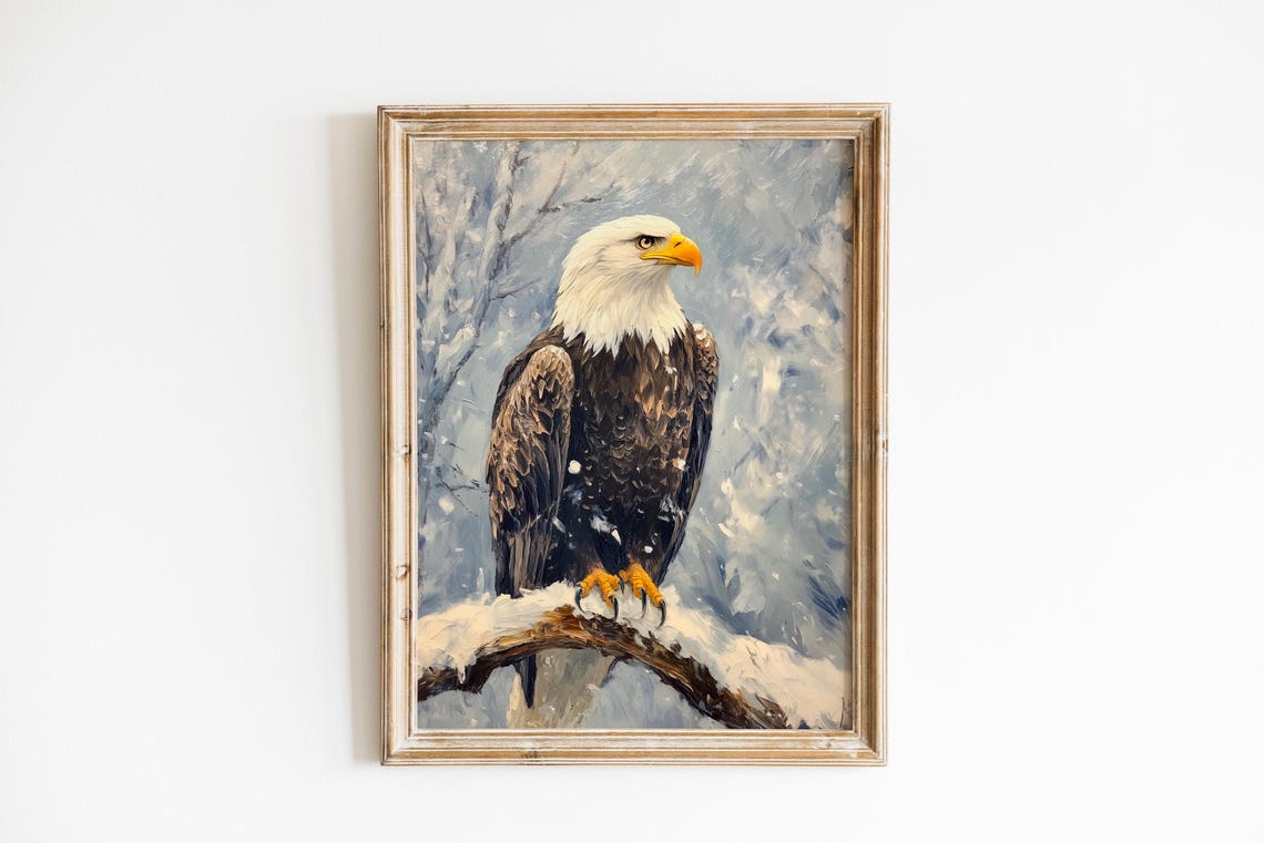 Bald Eagle Perched On Snowy Branch Moody Winter Wildlife Wall Art