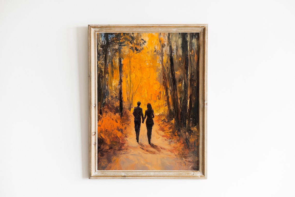 Couple Silhouette Walking Golden Autumn Forest Path Reflective Poster