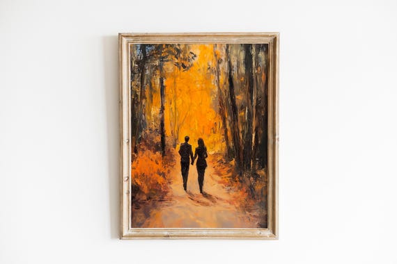 Romantic Autumn Forest Path Moody Walk With Lovers Rustic Cozy Wall Art Warm Impressionistic Painting 915