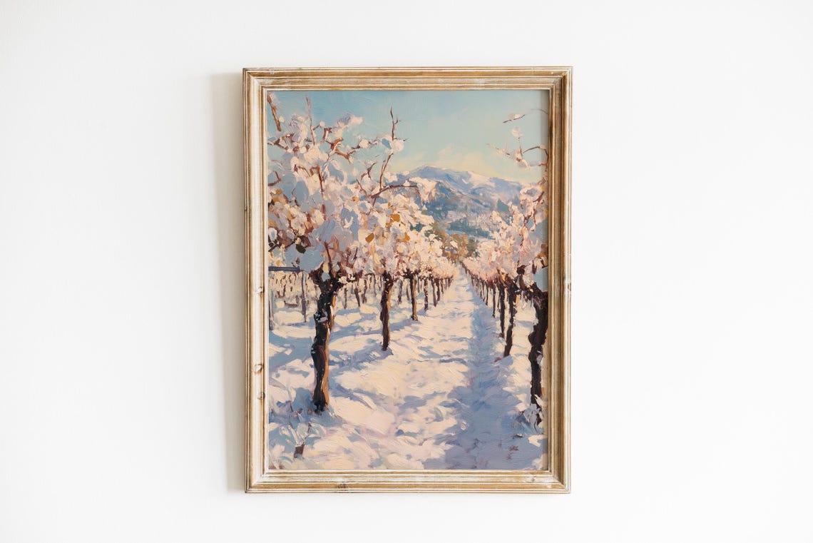 Snowy Orchard Rows Winter Sunlight Frosty Trees Painting Poster