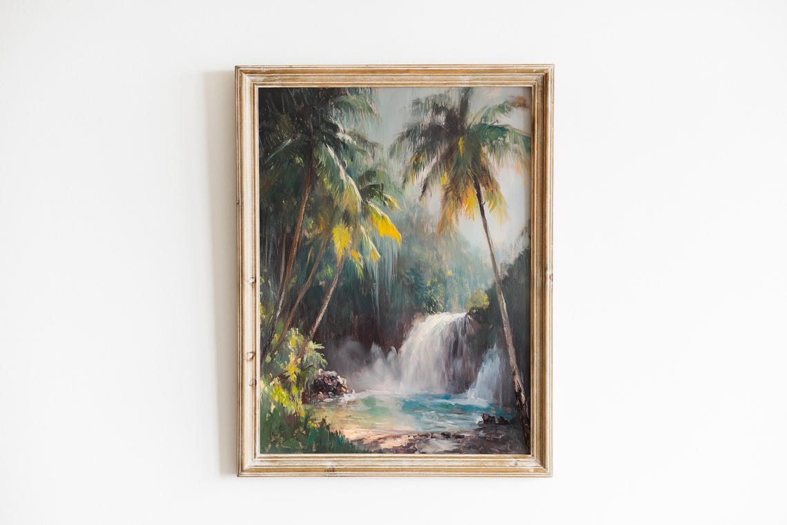 Moody Tropical Waterfall Art Tranquil Jungle Landscape Vintage Wall Decor Soft Brushwork Instant Print 636