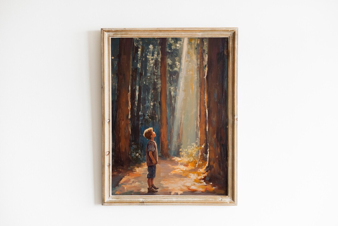Child Gazing At Light In Giant Redwood Forest Oil Painting Print