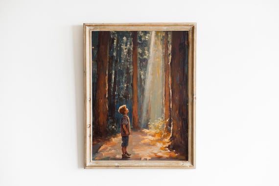Child Gazing At Light In Giant Redwood Forest Oil Painting Print