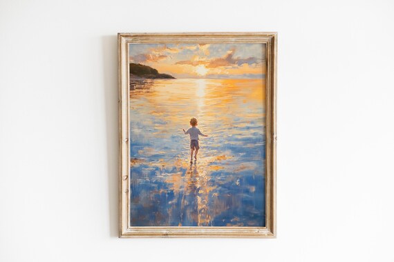 Child Wading Golden Sunset Shallows Impressionist Seascape Art Print