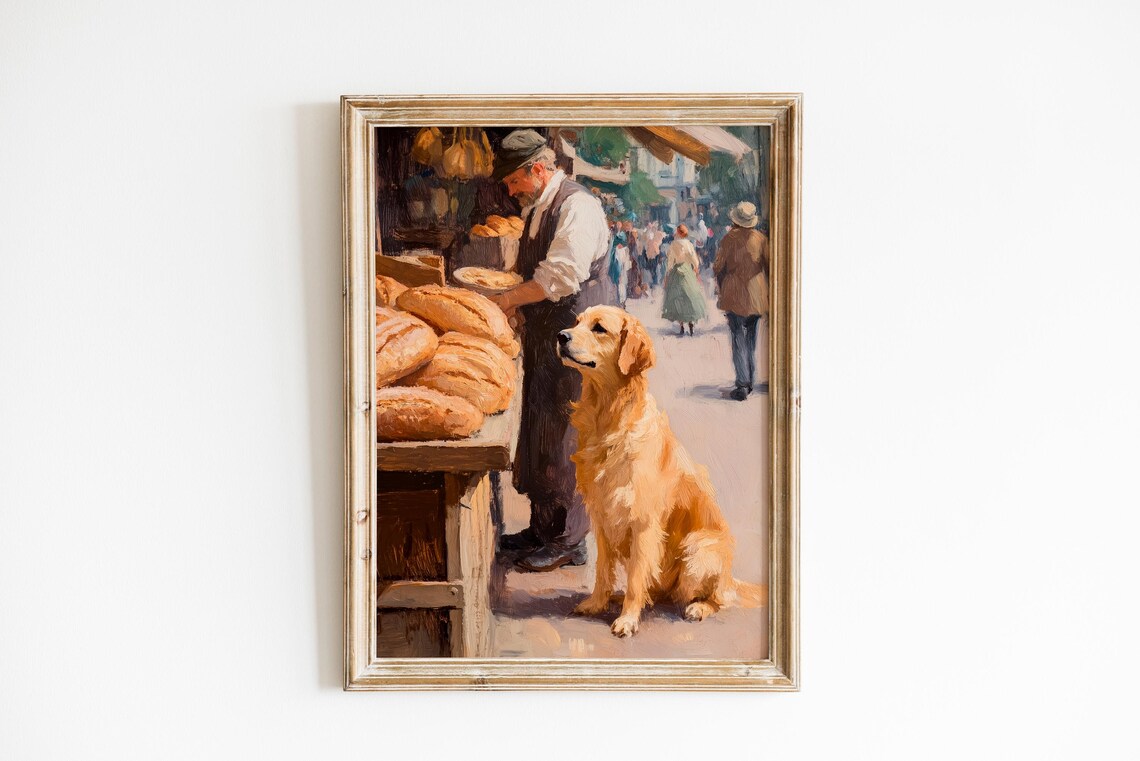 Golden Retriever Bread Stall Rustic Market Oil Painting Poster