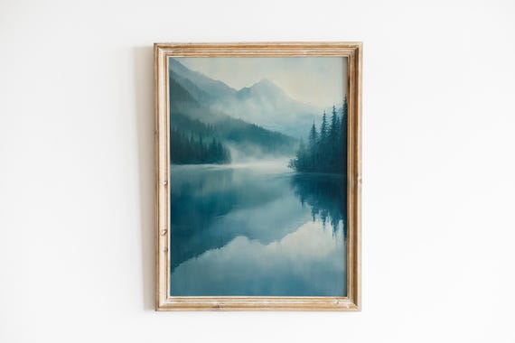 Moody Mountain Lake At Dawn Landscape Painting Serene Nature Art Atmospheric Evergreen Reflections Wall Decor 688