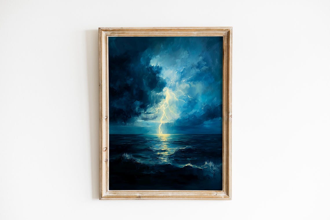 Lightning Striking Ocean Dramatic Blue Storm Seascape Painting Poster