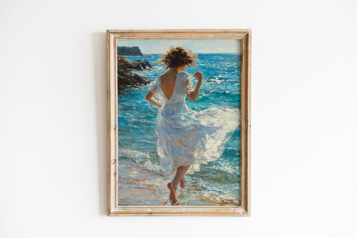 Woman in White Dress Dancing at Ocean Edge Impressionist Art Print