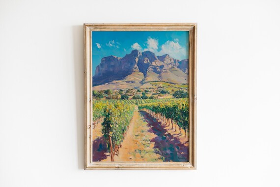 Sunlit Vineyard Path with Rugged Mountain Backdrop Painterly Art Poster