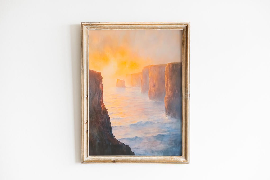 Twelve Apostles Sunrise Golden Sea Cliffs Misty Coastal Painting Print