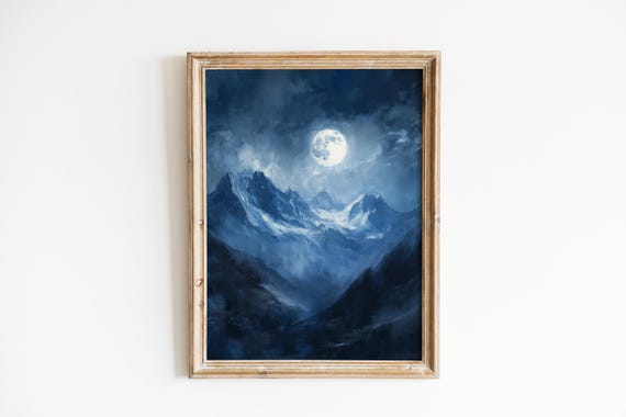 Moonlit Andes Art Moody Mountain Landscape Serene Night Sky With Full Moon Cool Toned Wall Decor 645