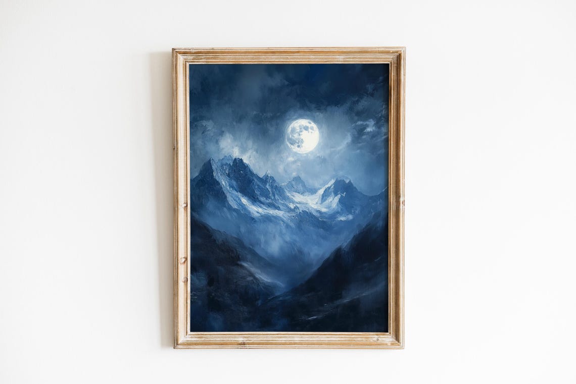 Full Moon Rising Over Snow Covered Alpine Peaks Night Painting Poster