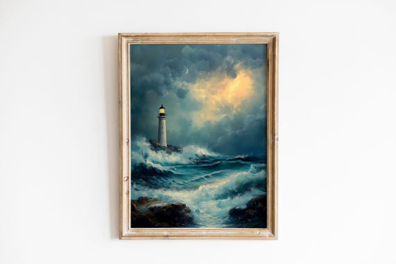 Stormy Lighthouse Coastal Painting Moody Nautical Wall Art Dramatic Seascape Print Ocean Decor 70